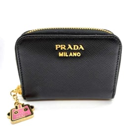 Prada coin purse, nero black Saffiano leather, round, robot motif, women's, 1MM268 PRADA