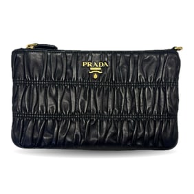 Prada Gathered Leather Flat Pouch in Black with Card Case