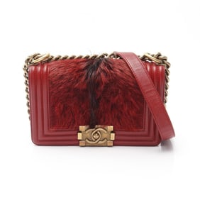 CHANEL Boy Chanel Small Shoulder Bag, Leather and Fur, Women's, Red, A67085