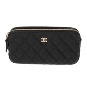 CHANEL Double Zipper Chain Wallet Black A82527 Women's Caviar Skin Shoulder Bag