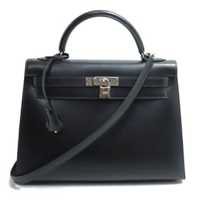HERMES Kelly 32 2-Way Shoulder Bag, Black, External Stitching, D Stamp, Box Calf Leather, Women's