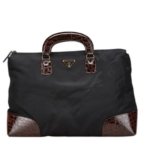 Prada Triangle Logo Plate Crocodile Embossed Handbag in Black and Brown Nylon Leather for Women