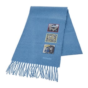 HERMES Badge Soie Blue Horizon Cashmere Scarf, Women's, 100% Cashmere, Unused