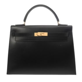 HERMES Kelly 32, Black, Box Calf Leather, with V Stamp (circa 1992), Women's, 2-Way Bag