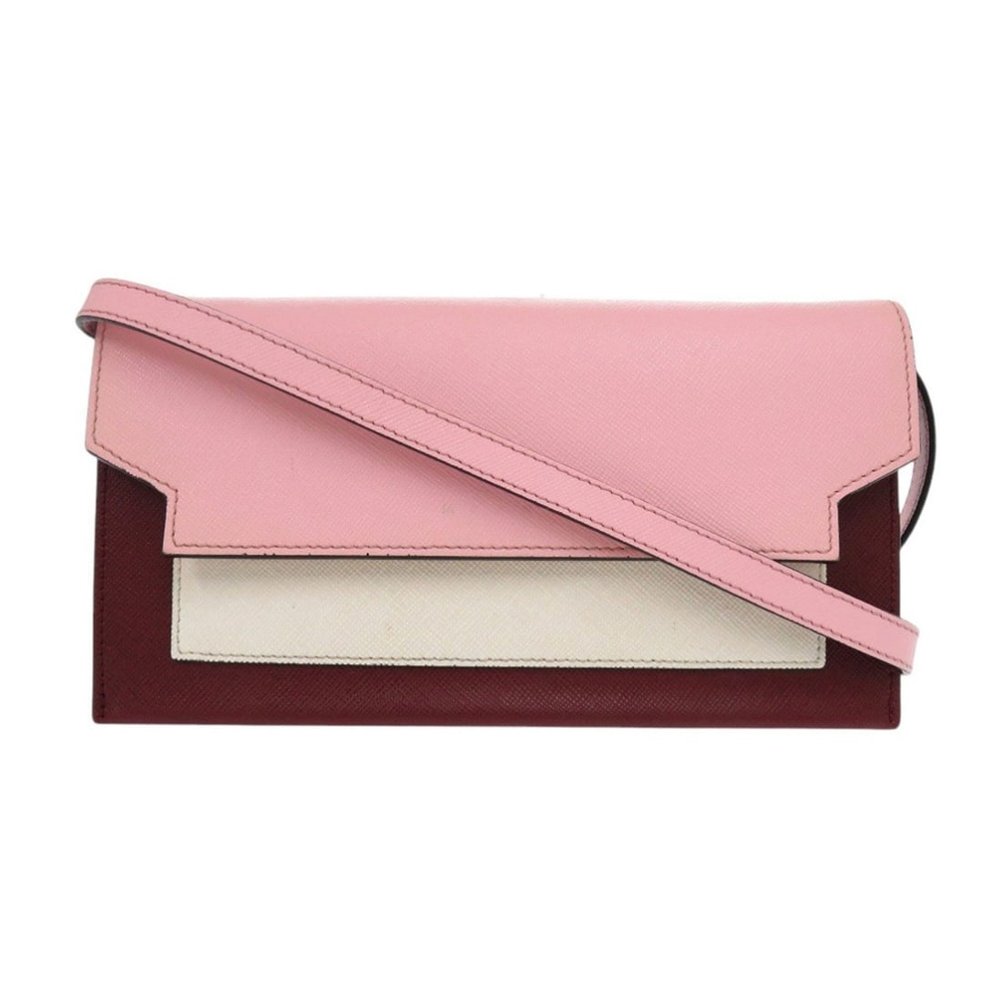 Marni Trunk Shoulder Wallet, Pink Leather, Long Wallet 1328 MARNI: --- Catalog ---Category: SizeSize (HxWxD): 11cm x 19.5cm x 3cm / 4.33'' x 7.67'' x 1.18''Category: DesignType: Chain/Shoulder walletColor: Pink, Red color, WhiteGender: WomenClosure: Button, Snap fast