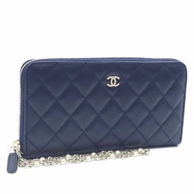 Chanel Matelasse Round Long Wallet, Women's, Navy Blue, Lambskin, A84274, Genuine Leather, Coco Mark