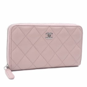 Chanel Matelasse Classic Zip Wallet, Women's, Pink Grained Shiny Calfskin, Genuine Leather, Coco