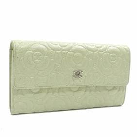 Chanel Camellia CC Bifold Long Wallet for Women, Light Green/Yellow-Green Grained Calfskin, A82283,