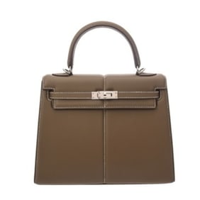 HERMES Kelly Padded Bag, Size 25, Externally Stitched, Etoupe Leather, U Stamp (circa 2022), Women's