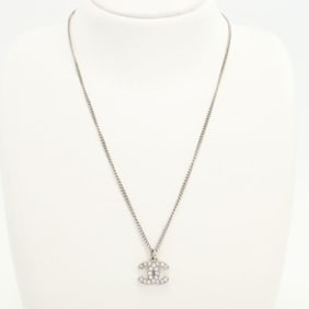 CHANEL Rhinestone Coco Mark Necklace, Silver, Women's