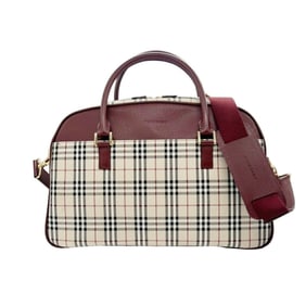 BURBERRY Nova Check Boston Bag in Beige and Wine Red Canvas Leather Shoulder for Men Women
