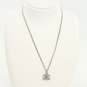CHANEL Rhinestone Coco Mark Necklace, Silver, Women's