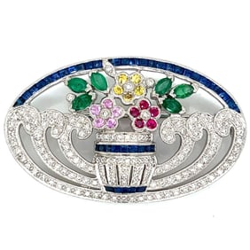 18K White Gold Diamond, Emerald, Ruby, and Sapphire Brooch