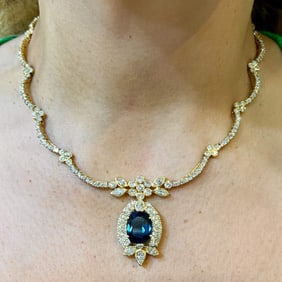 18K Yellow Gold GIA Certified 12.28 Ct. Sapphire & Diamond Necklace