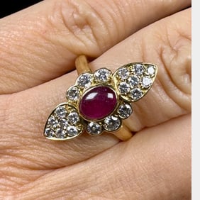 French 18K Yellow Gold Ruby & Diamond Ring