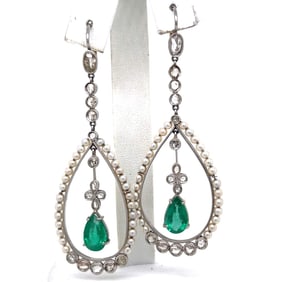 Antique Platinum & 18K Emerald Diamond and Natural Pearl Earrings