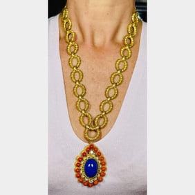 1960’s 18K Yellow Gold Coral & Lapis Lazuli Necklace