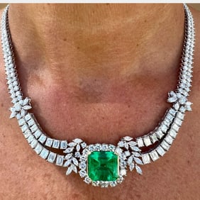 1950's 18K White Gold Gubelin Certified Colombian Emerald & Diamond Necklace