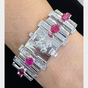 Retro 18K White Gold Diamond & Burma Ruby Bracelet