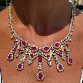 18K Yellow Gold Diamond and Ruby Necklace