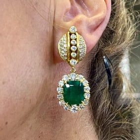 18K Yellow Gold Emerald and Diamond Earrings
