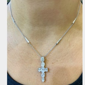 Platinum GIA Certified 7.81 Ct. Diamond Cross Pendant w/ 18K White Gold Diamond Chain