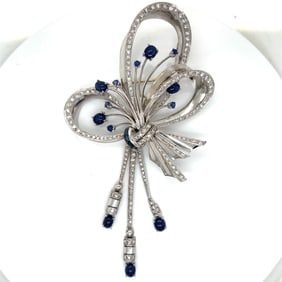 Retro 18K White Gold Diamond & Sapphire Brooch