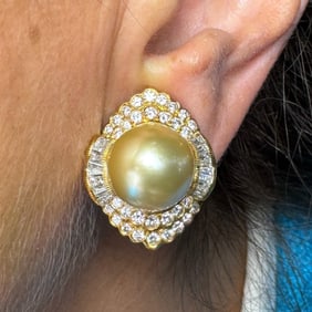 18K Yellow Gold Golden South Sea Pearl & Diamond Earrings