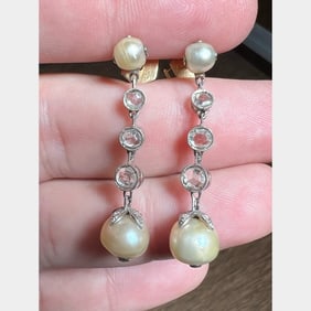 Victorian 18K & Platinum Natural Pearl and Diamond Earrings