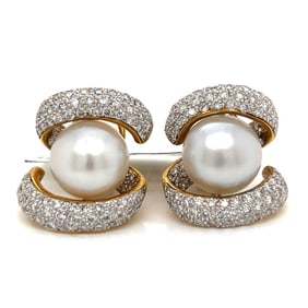 18K Yellow Gold Pearl & Diamond Earrings