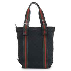 Gucci GG Canvas Sherry Line Tote Bag, Black Leather with Silver Hardware, 131186