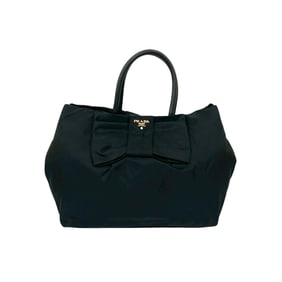 PRADA Tessuto nylon and leather handbag/mini tote bag with logo hardware ribbon motif, black, 63258