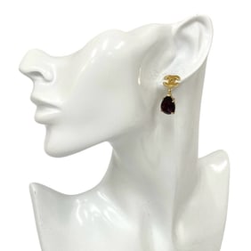 CHANEL Coco Mark Color Stone Earrings for Women, Gold and Purple, 155-3