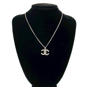 CHANEL Coco Mark Metal Rhinestone Necklace Pendant Silver 04982