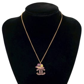 CHANEL Coco Mark Hat Motif Rhinestone Necklace Pendant Gold 73901