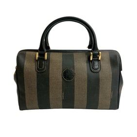 FENDI Pecan print FF logo embossed leather handbag/mini Boston bag in black and khaki (3579a)