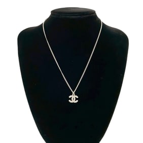 CHANEL Coco Mark Metal Rhinestone Necklace Pendant in Silver 01541
