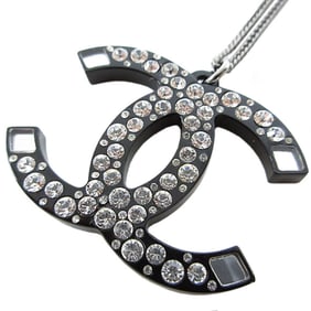 Chanel Coco Mark Necklace, Metal, Plastic, Rhinestone, Black, Silver, Women's, S0695G