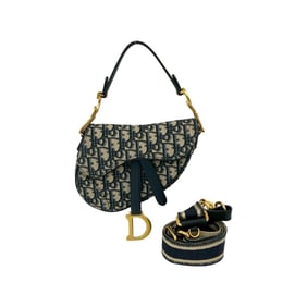Christian Dior Saddle Bag, Trotter Pattern, Leather and Canvas, 2-Way Handbag/Shoulder Navy, 13183