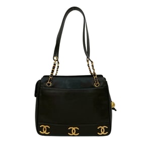 CHANEL Triple Coco Caviar Leather Chain Tote Bag, Black, 53679