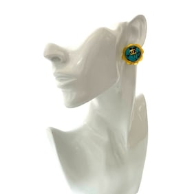 CHANEL Coco Mark Marble Stone GP Earrings, Gold and Turquoise, 101-5