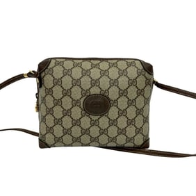 Unused, stored GUCCI vintage GG logo leather shoulder bag/pouch/sacoche in brown (47200)