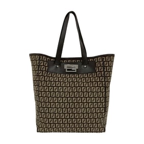 FENDI Zucchino FF pattern logo hardware canvas and leather tote bag/semi-shoulder bag brown 43003