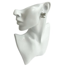 CHANEL Coco Mark Ribbon Rhinestone Metal Earrings for Women, Silver, 79468