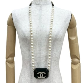 CHANEL AirPods Pro Necklace Case, Chain, Lambskin, Faux Pearl, Rhinestone, Black, 57879