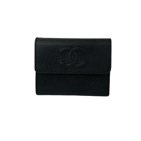 CHANEL Coco Mark Caviar Leather Tri-fold Wallet Black 31065