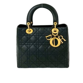 Christian Dior Lady Cannage Leather Handbag Tote Bag Black 30871
