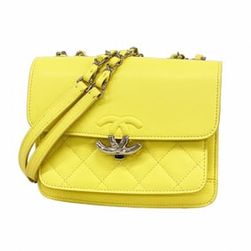 Chanel Shoulder Bag Matelasse W Chain Half Coco Leather Yellow Women's P1449452