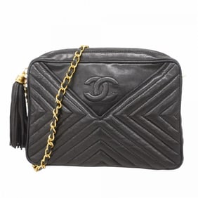Chanel Shoulder Bag with V-Stitch Chain Bag, Lambskin, Black, Women's