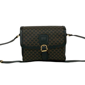 CELINE Vintage Macadam Blason Triomphe Logo Leather Shoulder Bag in Brown and Black (171-4)